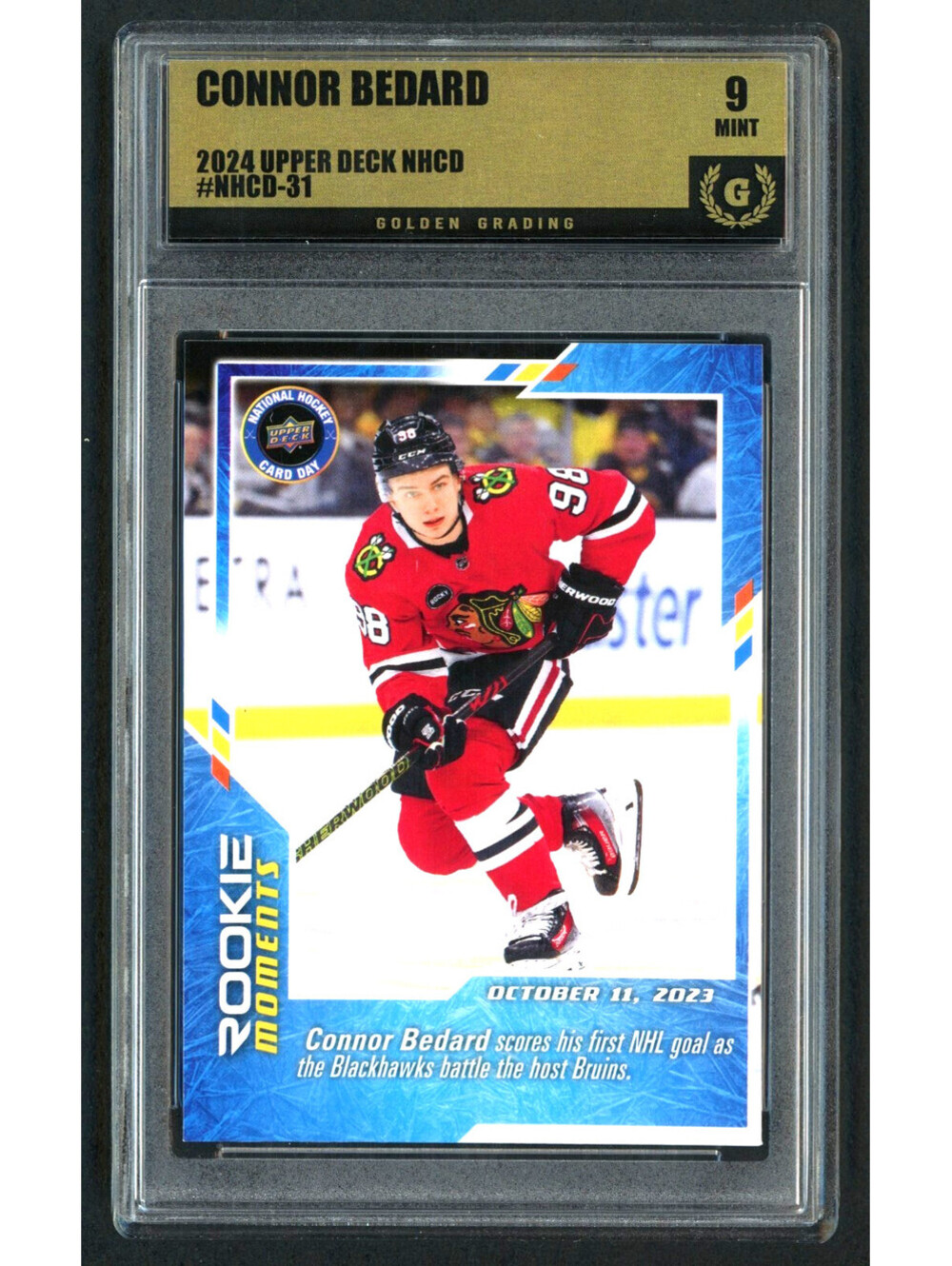 2024 Upper Deck # NHCD-31 Connor Bedard Rookie Card  First Goal  Graded Mint 9